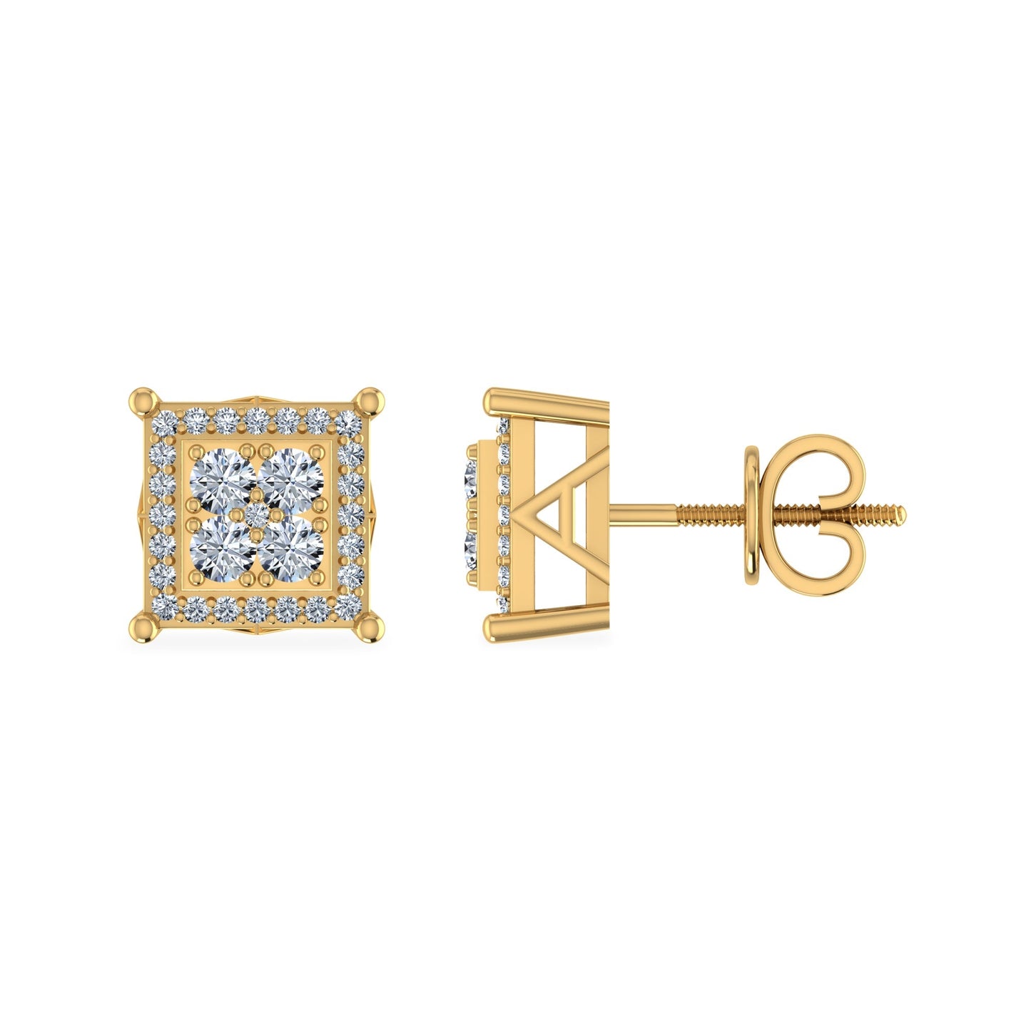 10K Yellow Gold Round Diamond Square Shape Stud Earrings 1/3 Cttw