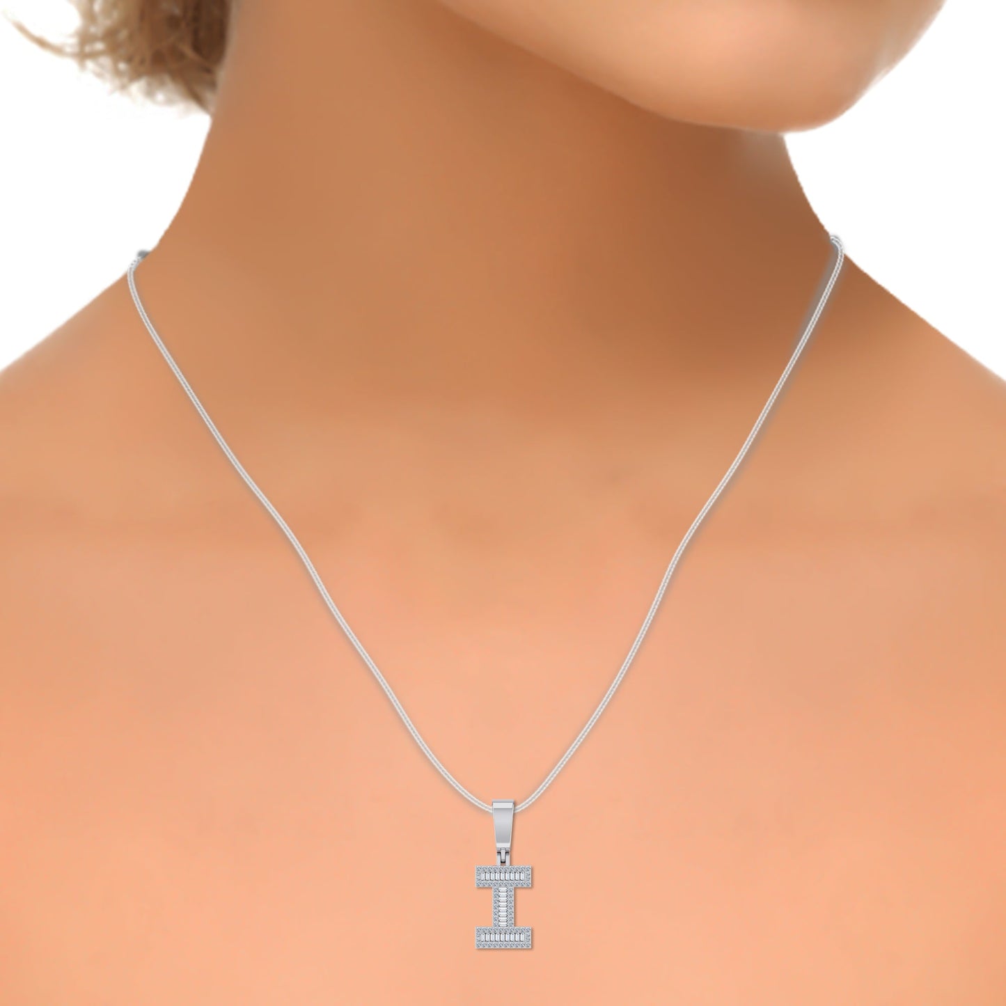 10K White Gold Tw Baguette Initial I Pendant 1/3 Cttw