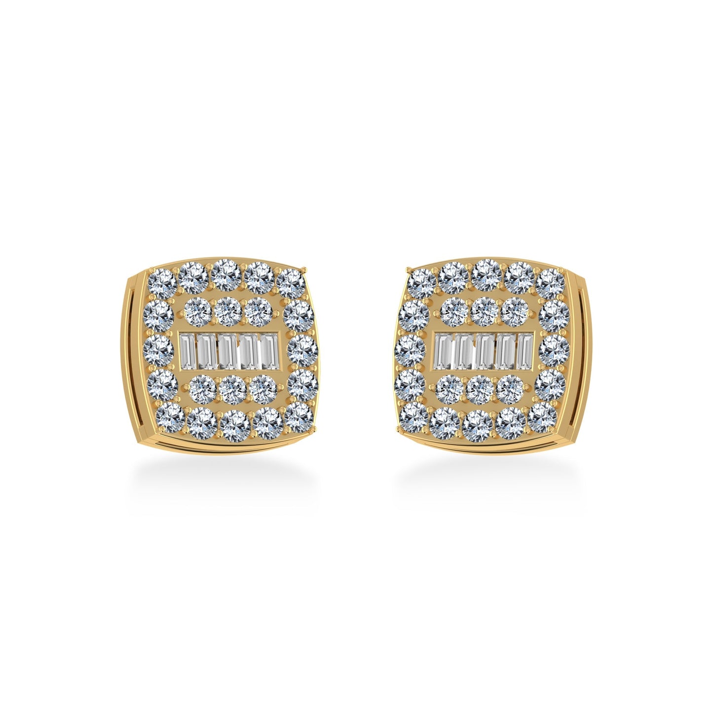 10K Yellow Gold Round Baguette Diamond Square Shape Cluster Stud Earring 1/2 Cttw