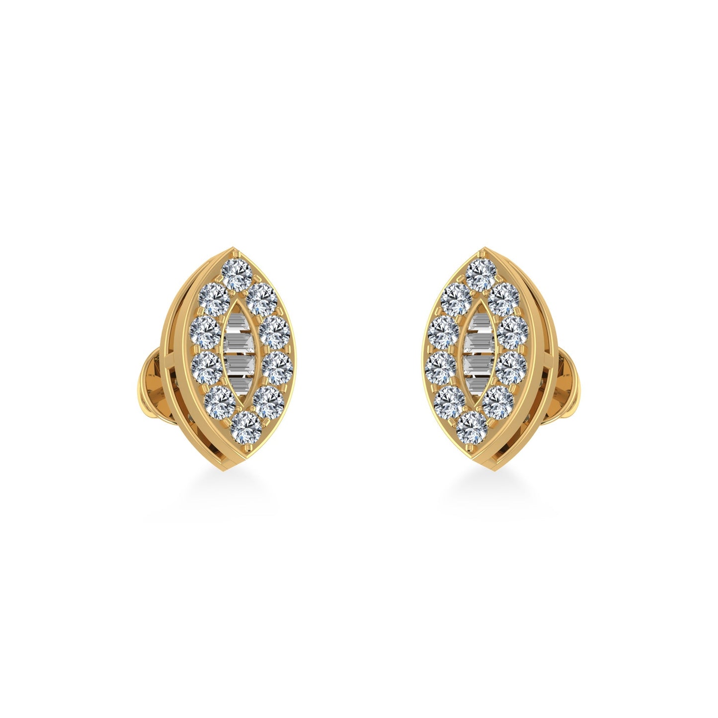 10K Yellow Gold Baguette Diamond Marquise Shape Stud Earrings 1/4 Cttw