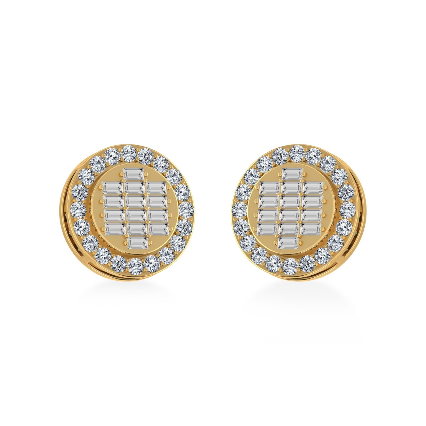 10K Yellow Gold Round Baguette Diamond Cluster Stud Earring 5/8 Cttw