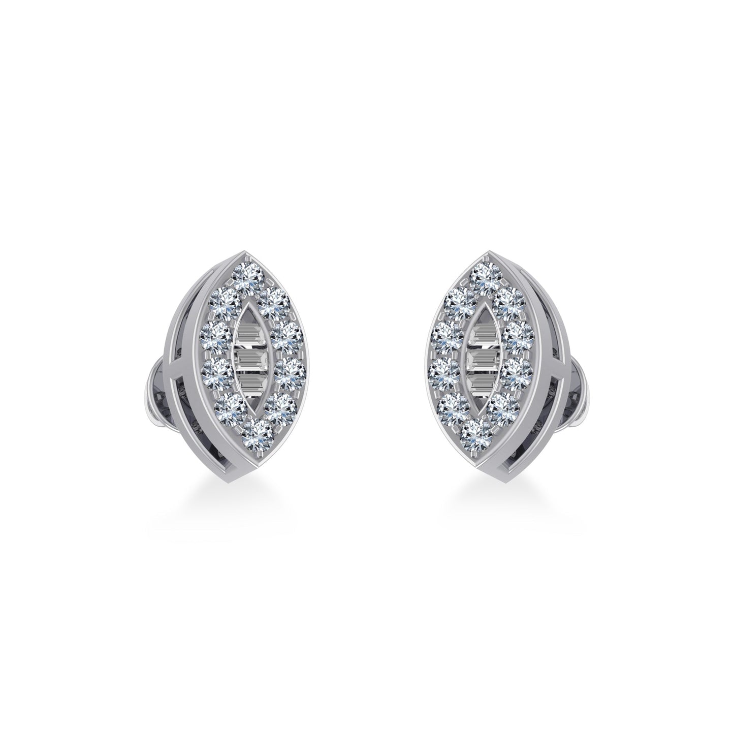 14K White Gold Baguette Diamond Marquise Shape Stud Earrings 1/8 Cttw