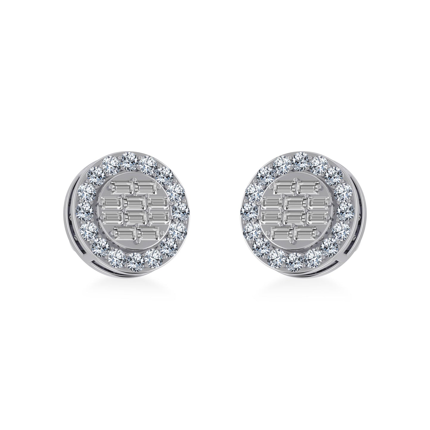 14K White Gold Round Baguette Diamond Halo Stud Earrings 1/2 Cttw