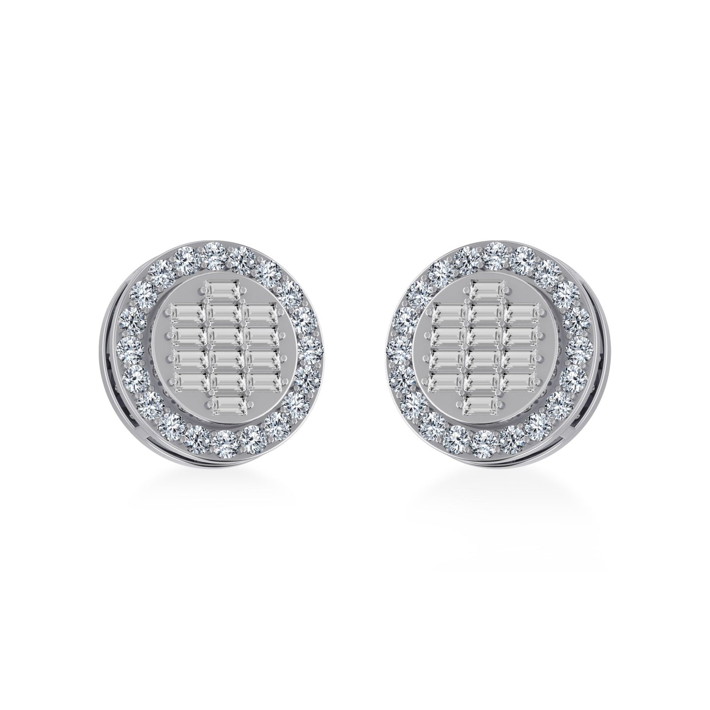 14K White Gold Round Baguette Diamond Halo Stud Earrings 5/8 Cttw