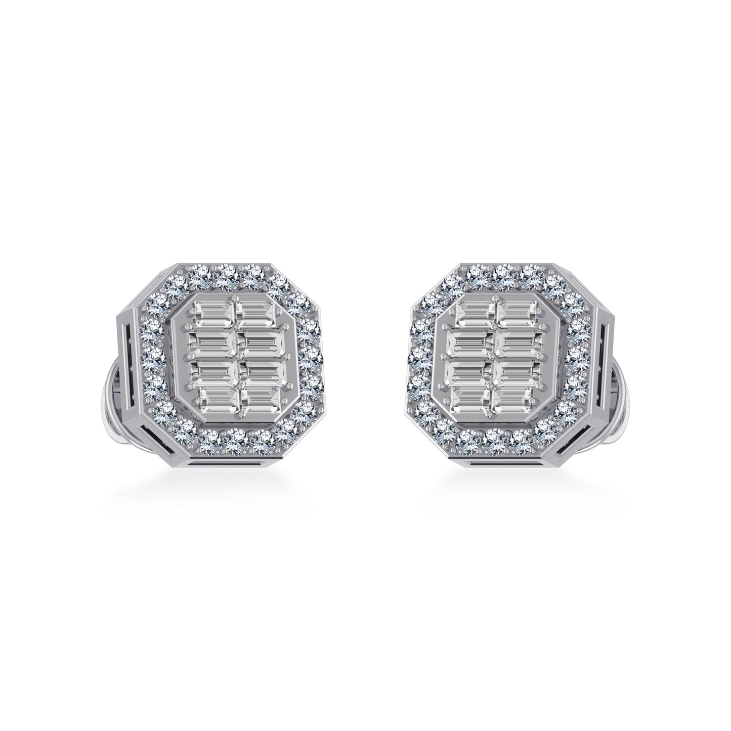 14K White Gold Round Baguette Diamond Stud Earrings 1/4 Cttw