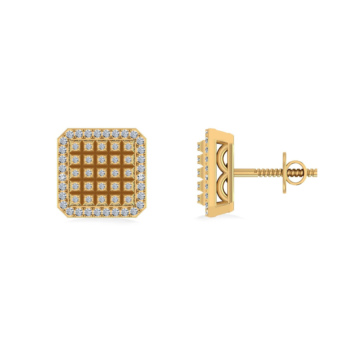 10K Yellow Gold Round Diamond Square Shape Designer Mens Stud Earring 1/5 Cttw