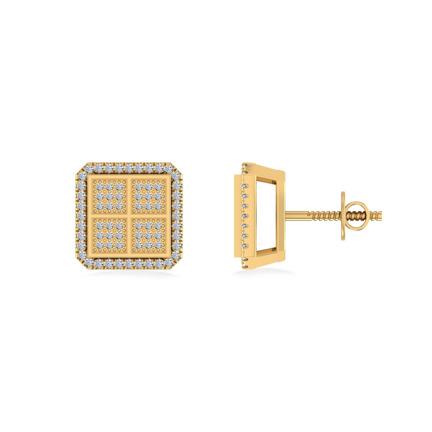 10K Yellow Gold Round Baguette Diamond Square Shape Designer Mens Stud Earring 1/5 Cttw