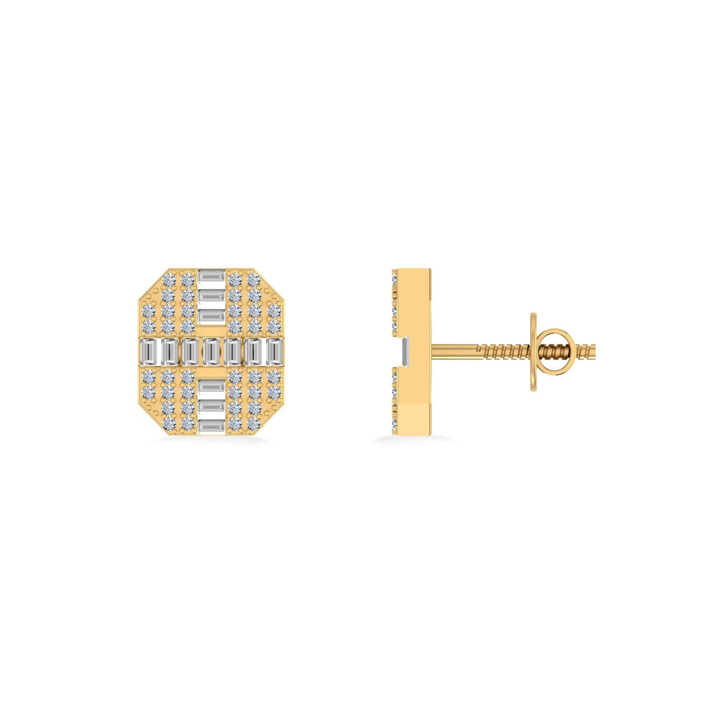 10K Yellow Gold Round Baguette Diamond Designer Mens Stud Earring 1/3 Cttw