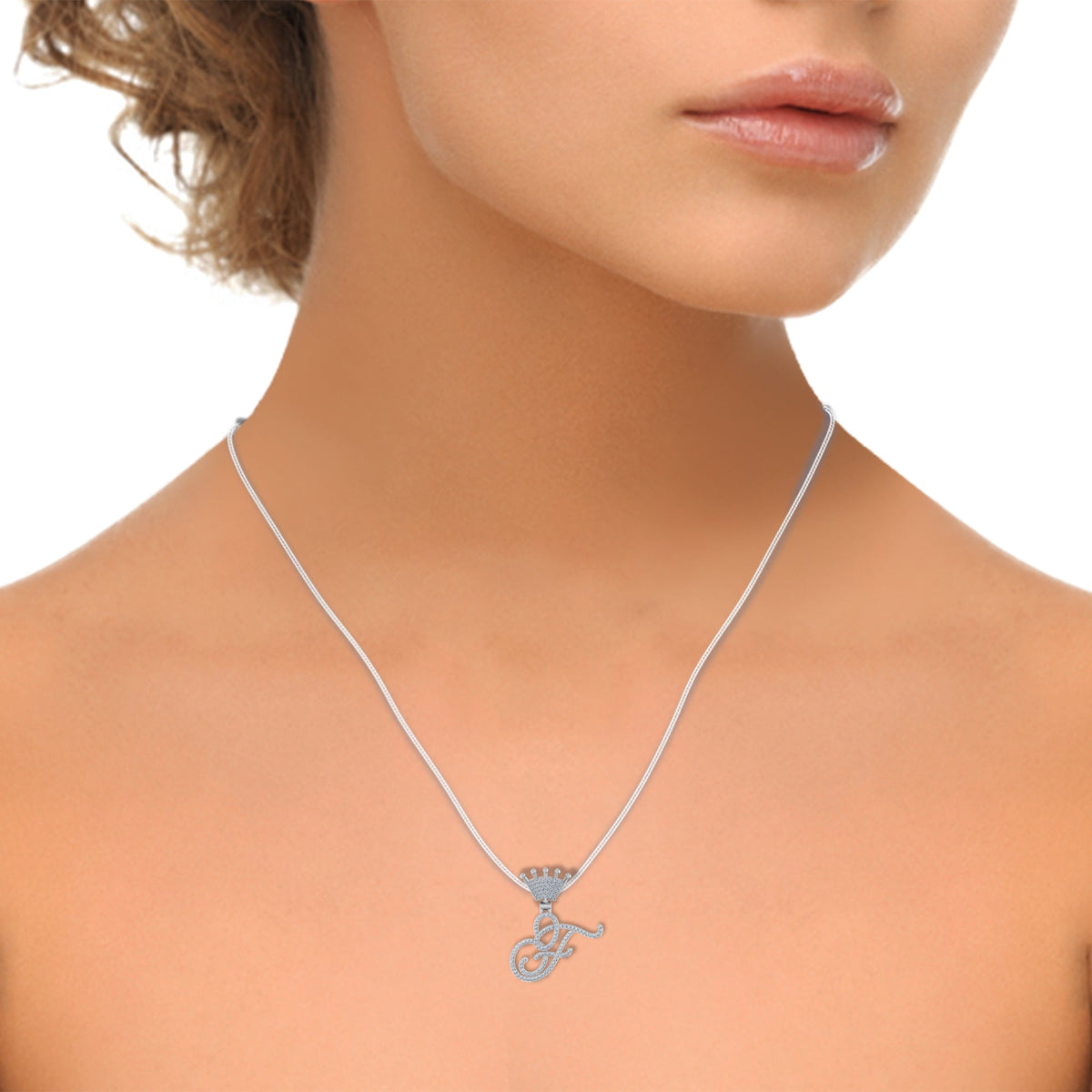 10K White Gold Round Diamond Crown F Letter Initial Pendant 1/4 Cttw