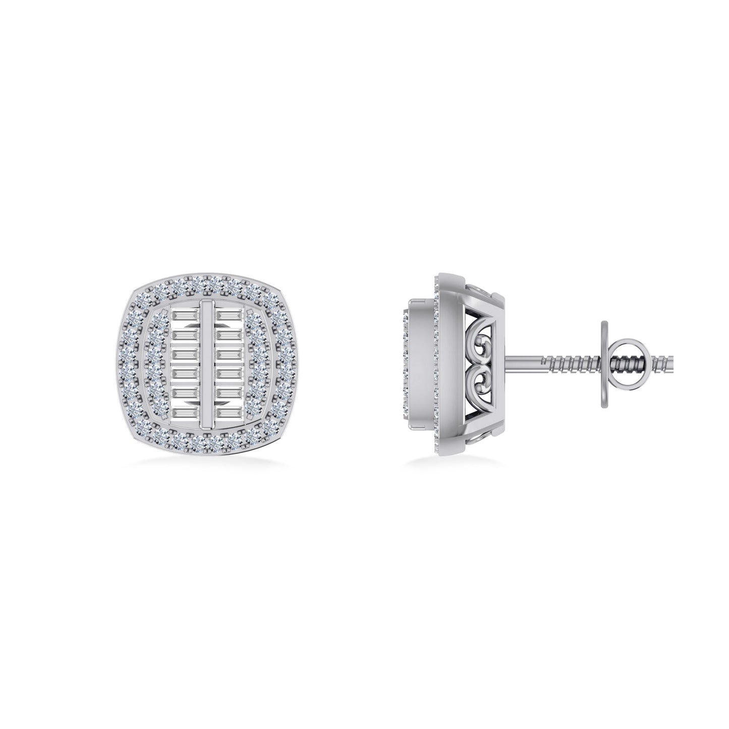 10K White Gold Round Baguette Diamond Square Shape Designer Mens Stud Earring 1/3 Cttw