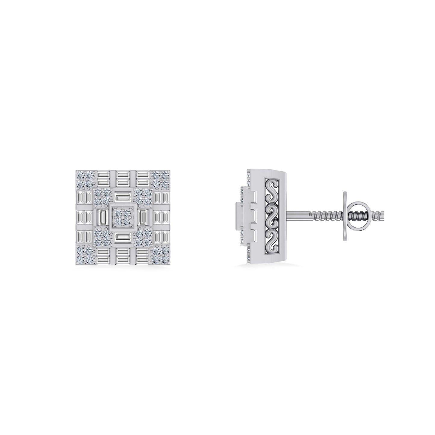 10K White Gold Round Baguette Diamond Square Shape Designer Mens Stud Earring 3/8 Cttw