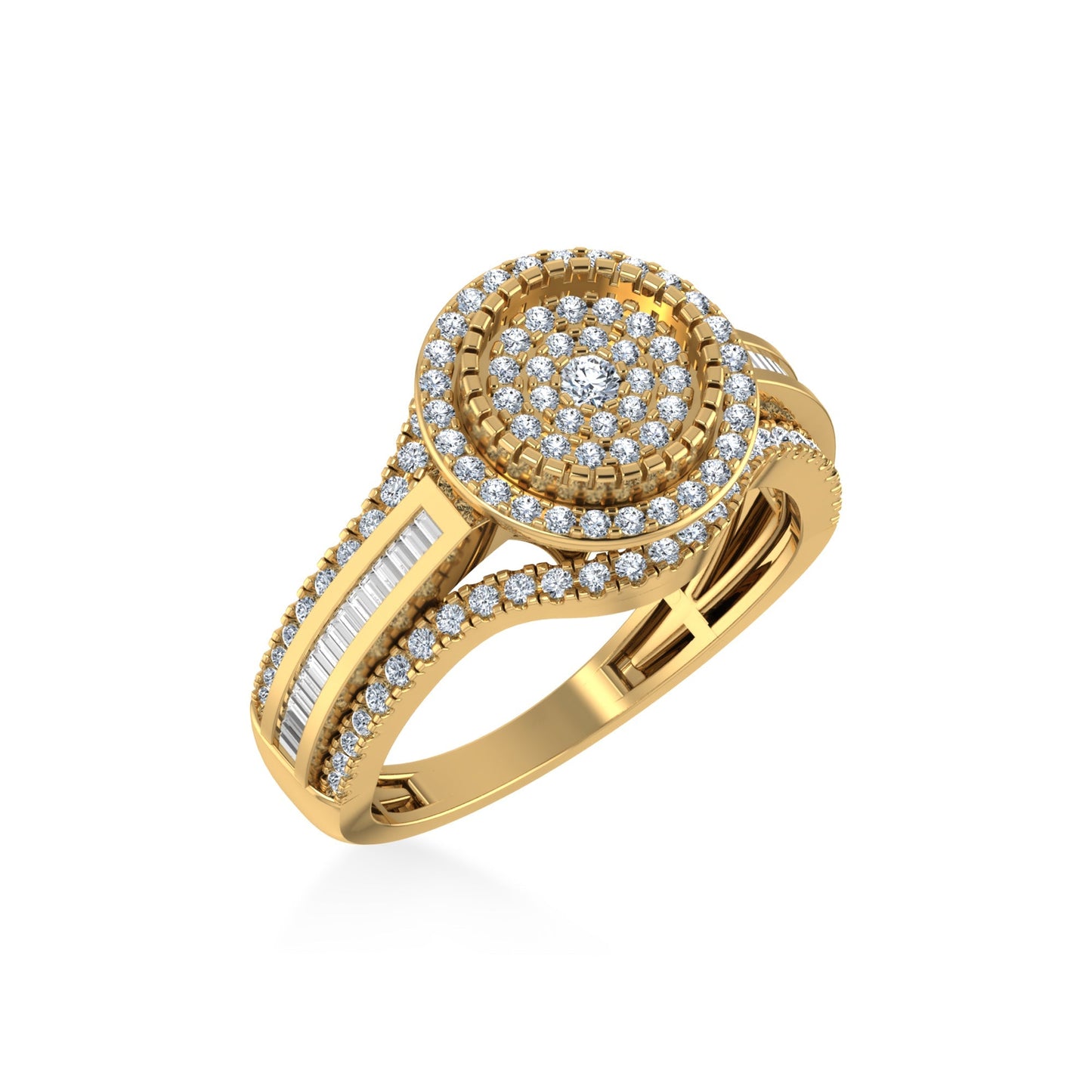 10K Yellow Gold Round Baguette Diamond Halo Sz 7 Designer Ladies Ring 7/8 Cttw