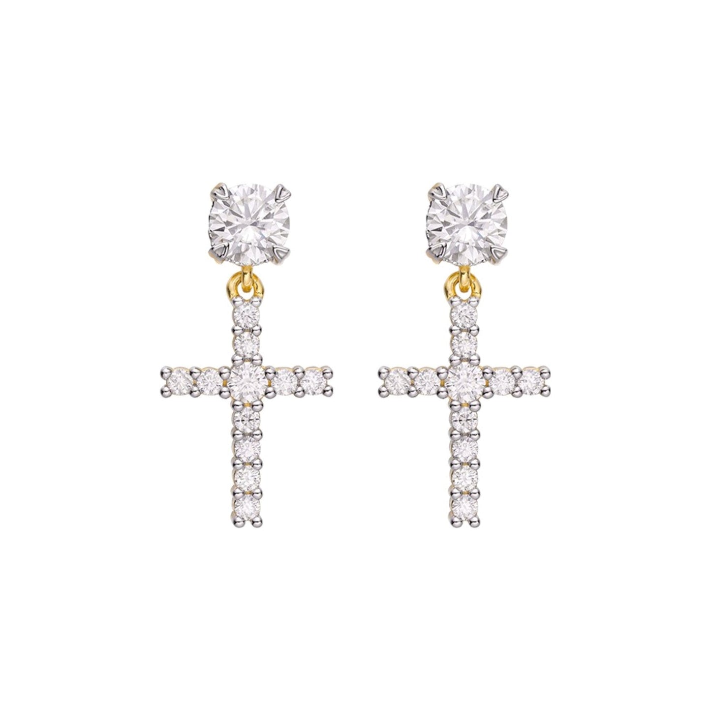 S.Silver Round Moissanite Cross Religious Stud Earrings RP+GP 7/8 Cttw