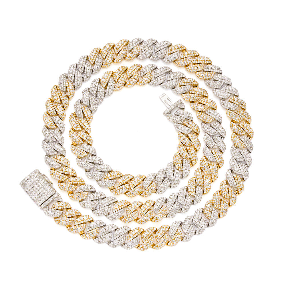 S.Silver Round Big Stone in Center Surrounded with Small Stones 10mm Moissanite Cuban Chain 22Inch Necklace RP+GP 18-3/8 Cttw