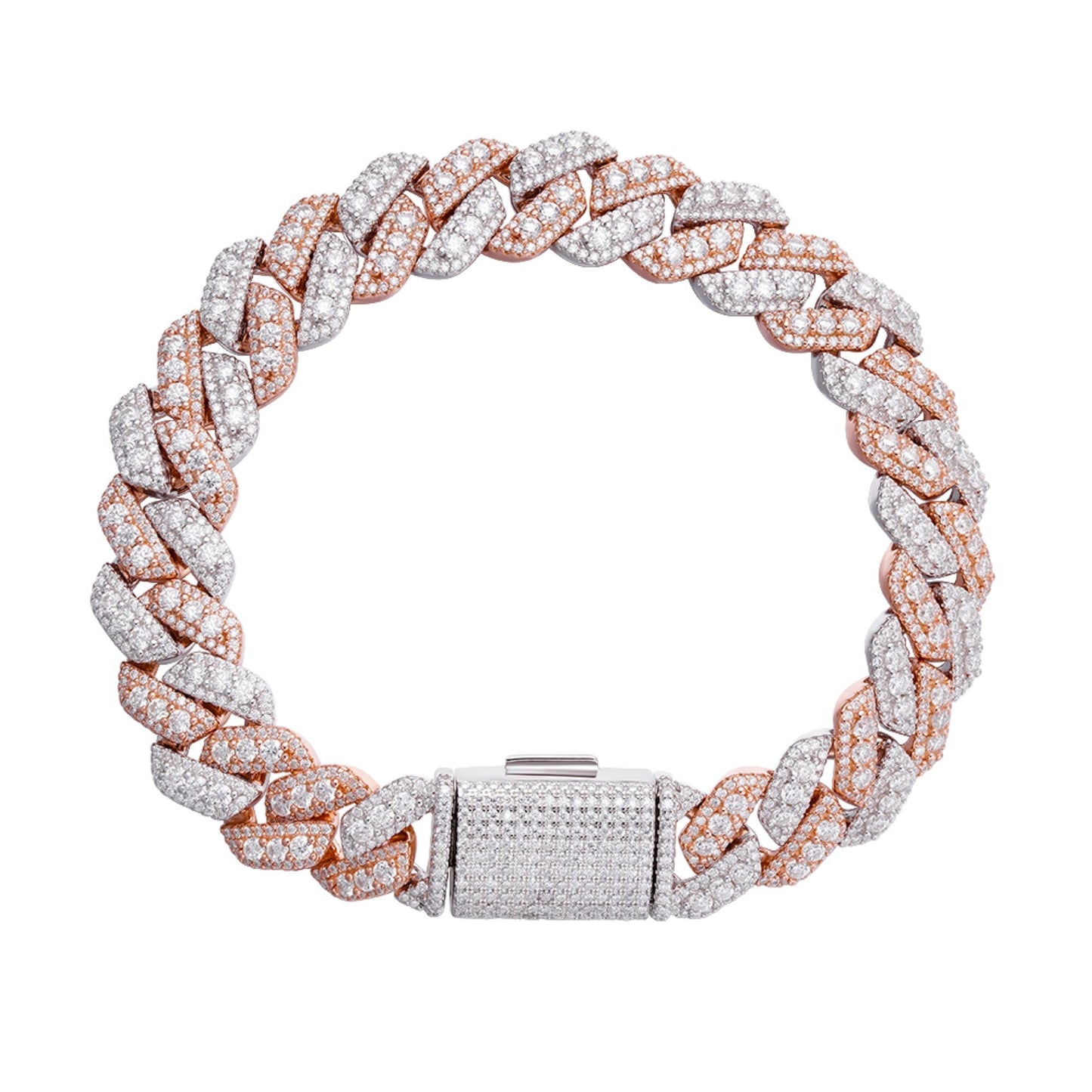 S.Silver Round Big Stone in Center Surrounded with Small Stones 12mm Moissanite Cuban Chain 8Inch Bracelet RP+PP 10-7/8 Cttw
