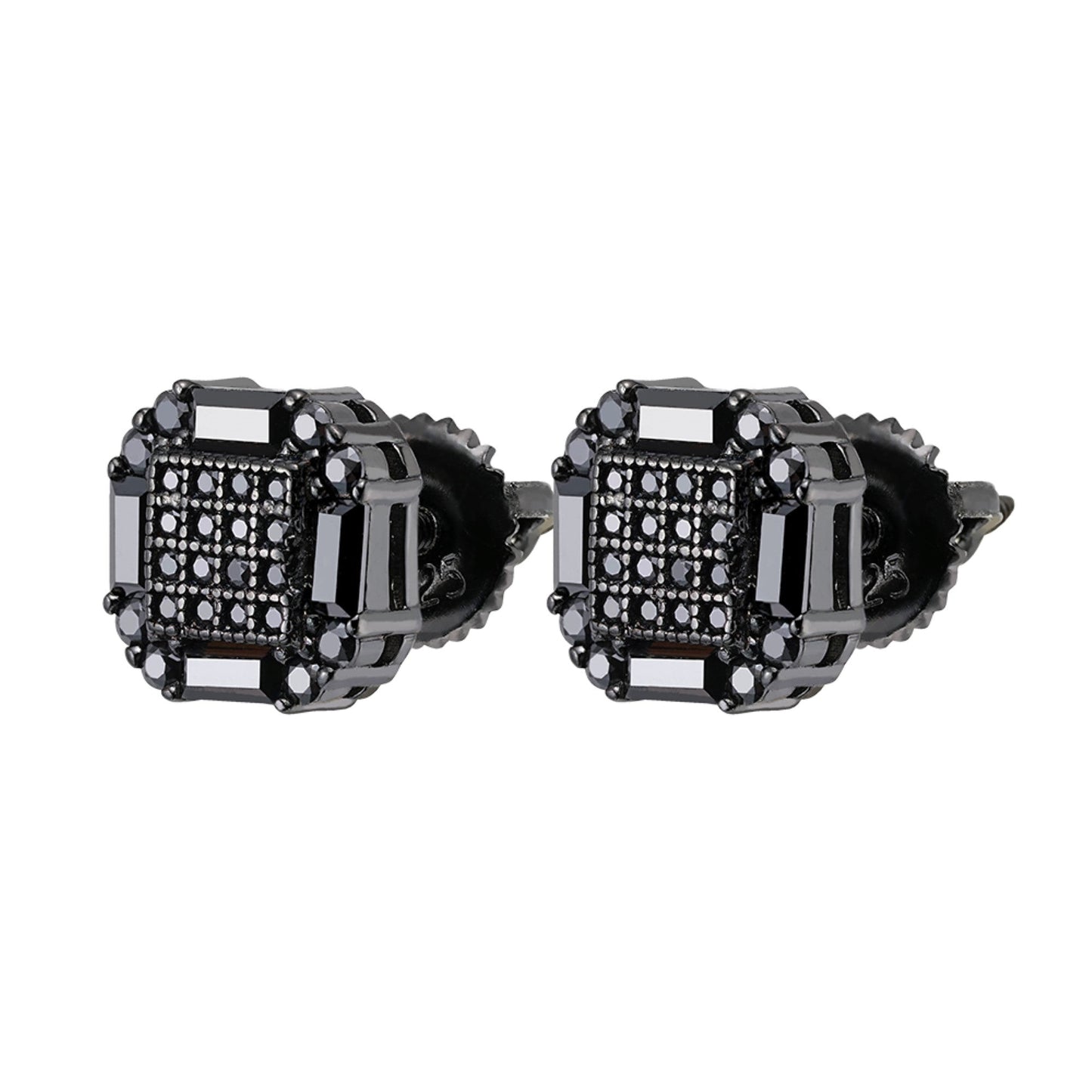 S.Silver Round Baguette Black Moissanite Square Shape Stud Earrings BP+BP 7/8 Cttw