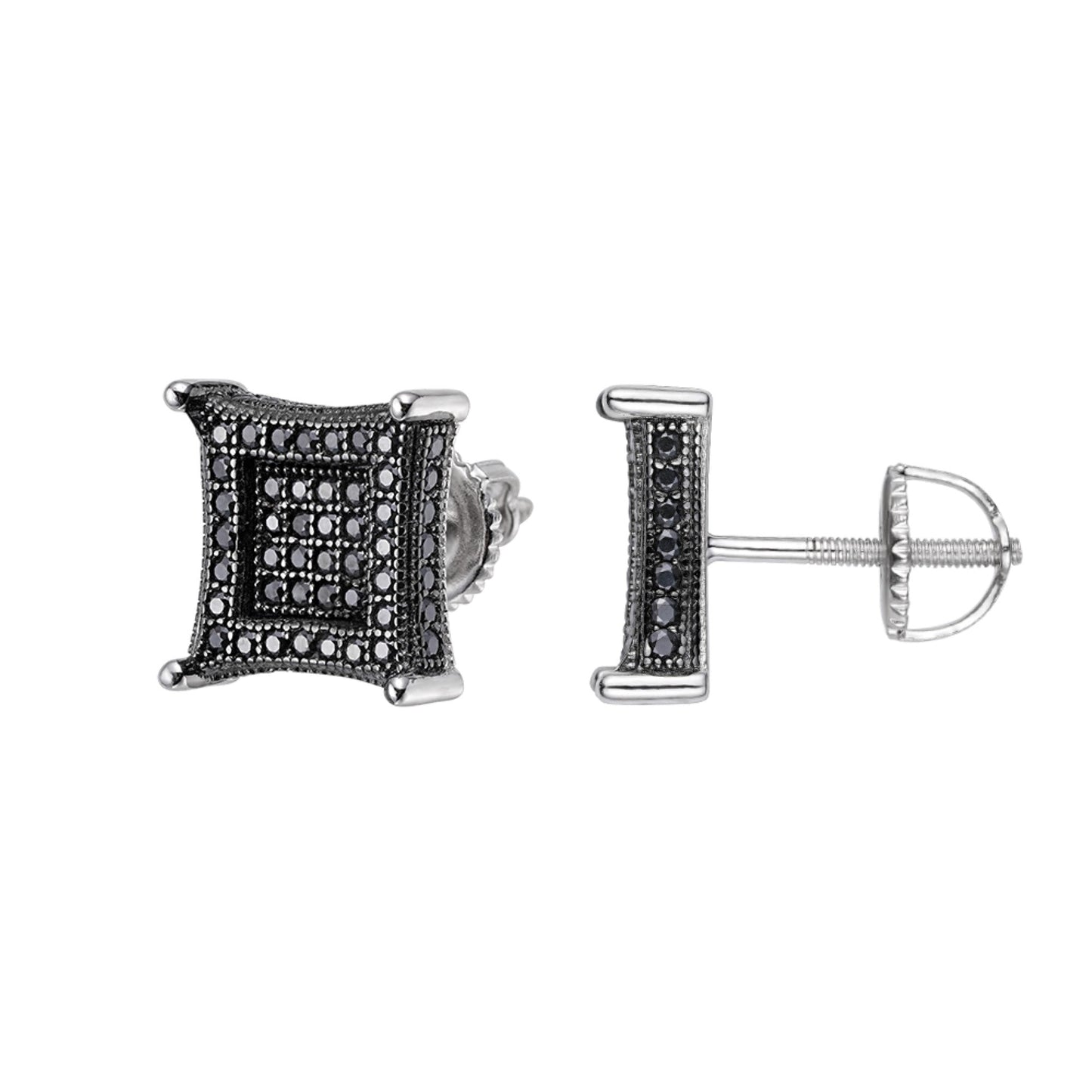 S.Silver Round Black Moissanite Square Shape Stud Earrings BP+RP 7/8 Cttw