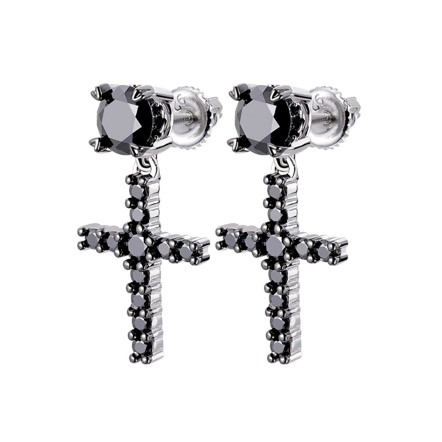 S.Silver Round Black Moissanite Cross Religious Stud Earrings BP+RP 7/8 Cttw