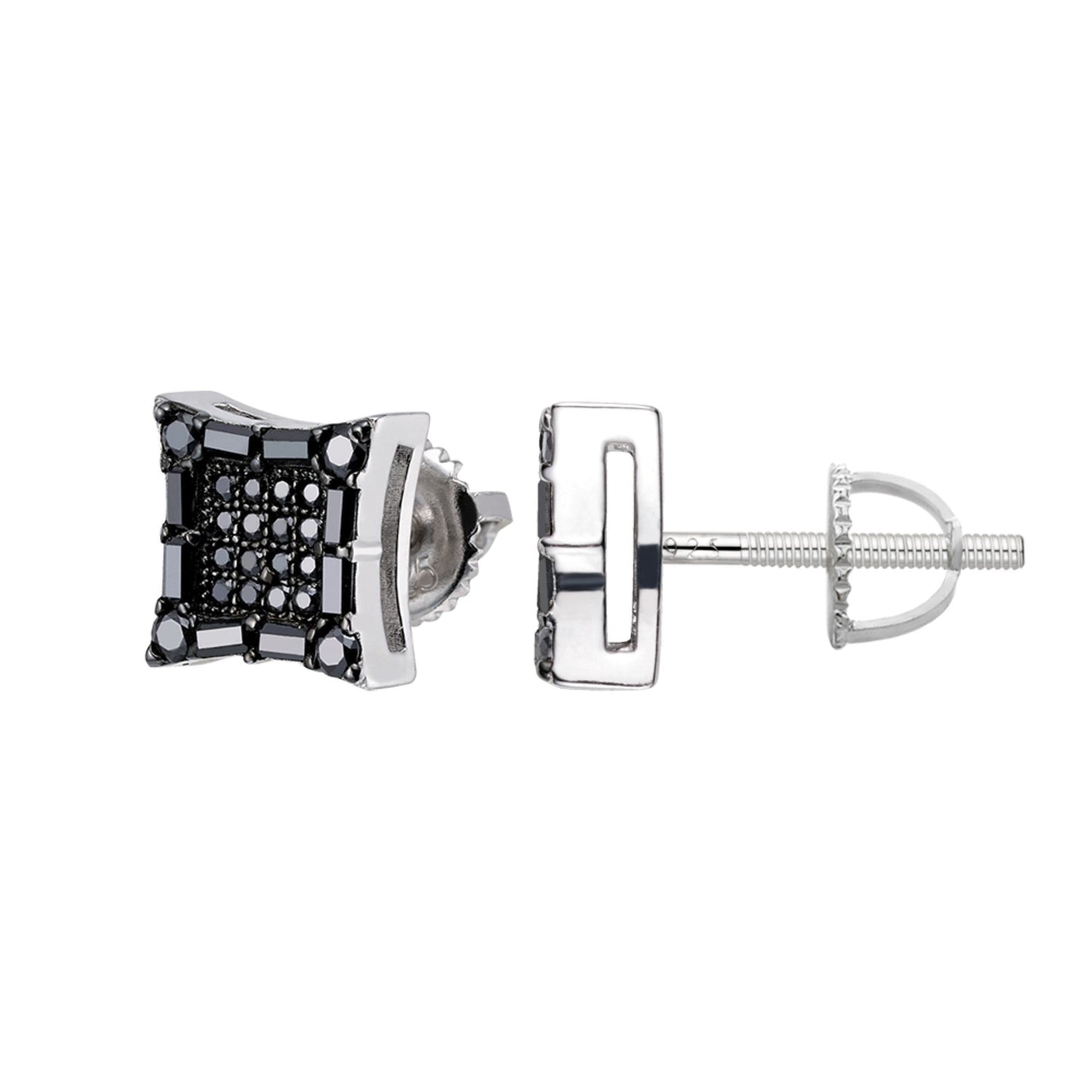 S.Silver Round Baguette Black Moissanite Square Shape Stud Earrings BP+RP 5/8 Cttw