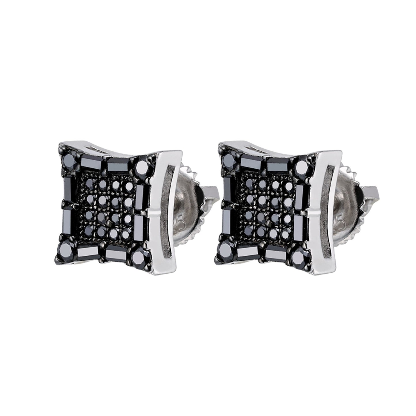 S.Silver Round Baguette Black Moissanite Square Shape Stud Earrings BP+RP 5/8 Cttw