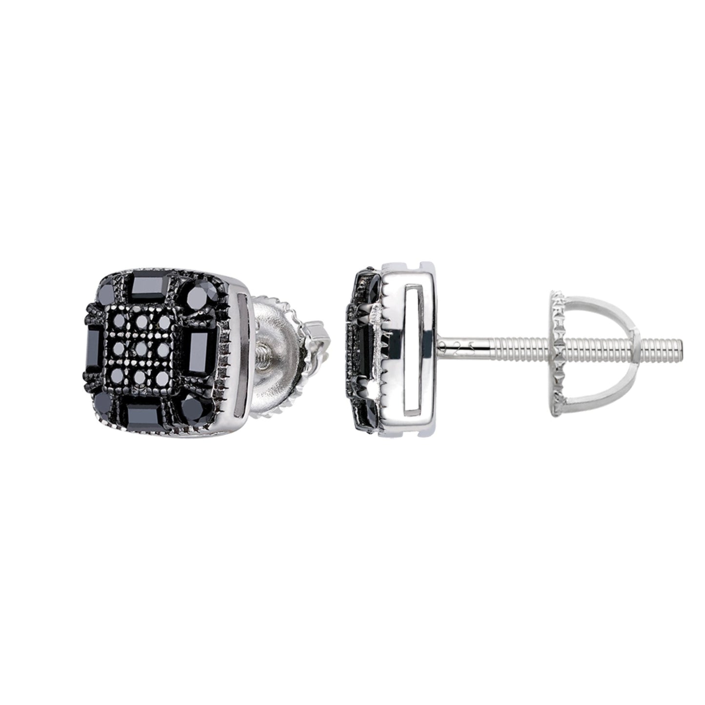 S.Silver Round Baguette Black Moissanite Square Shape Stud Earrings BP+RP 3/4 Cttw