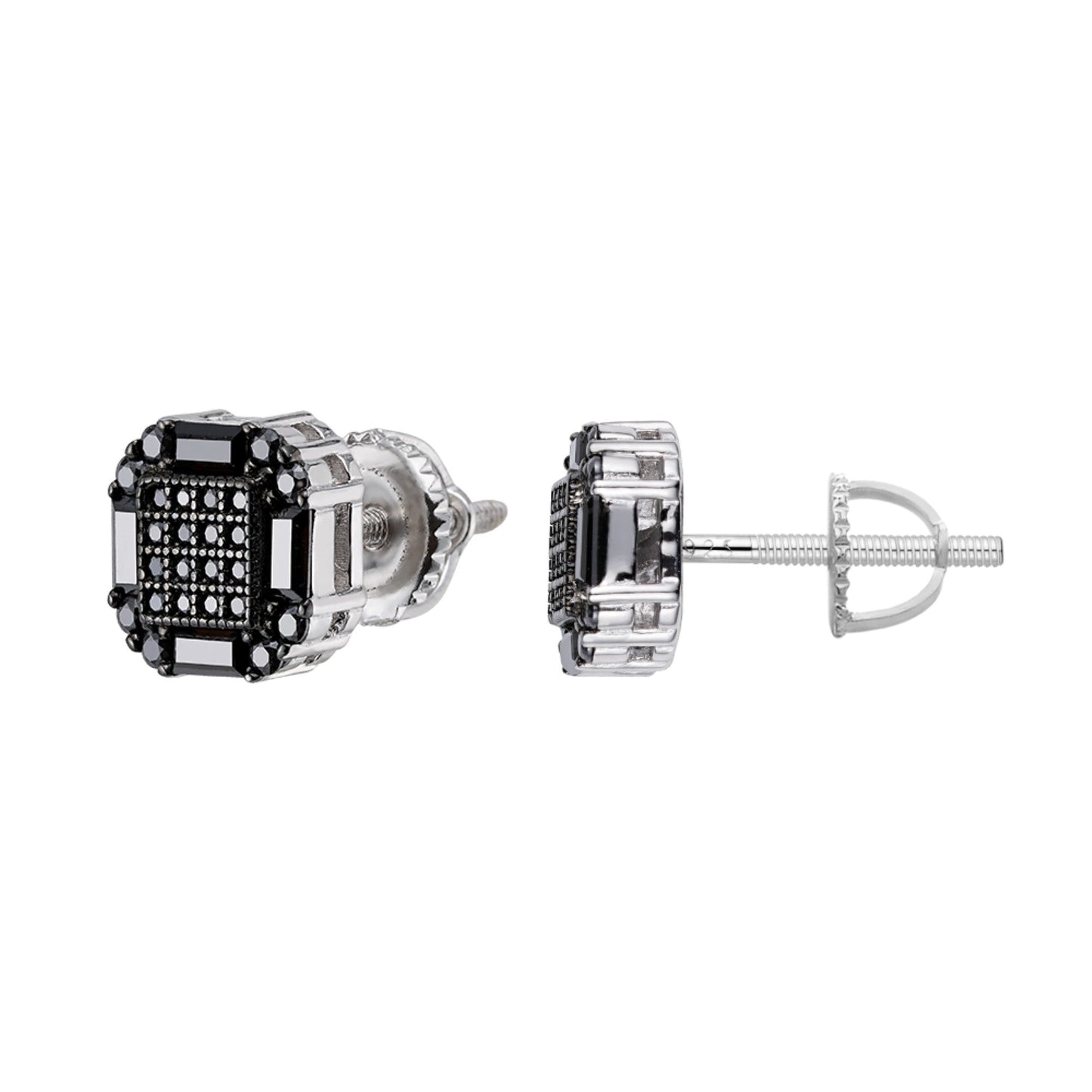 S.Silver Round Baguette Black Moissanite Square Shape Stud Earrings BP+RP 7/8 Cttw