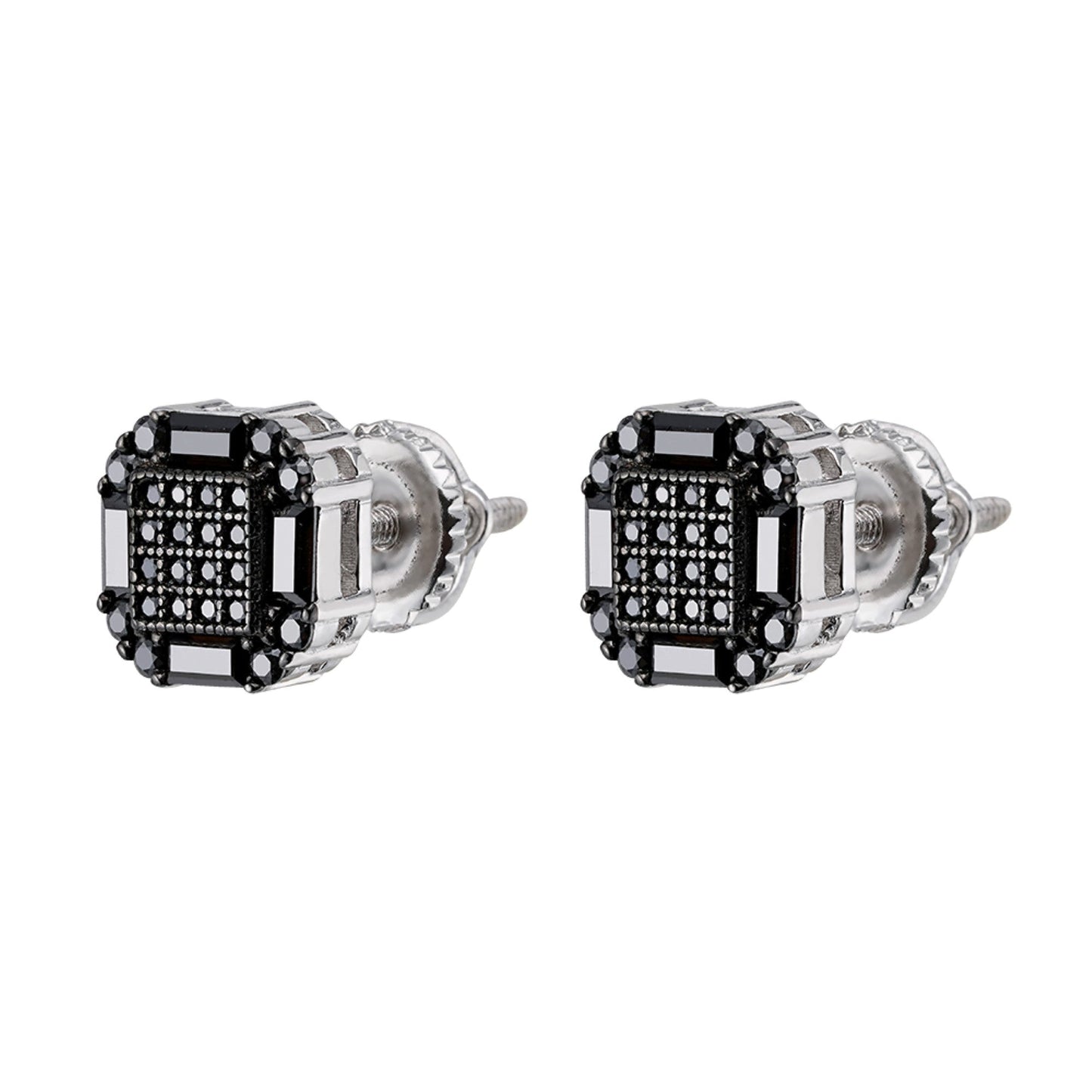 S.Silver Round Baguette Black Moissanite Square Shape Stud Earrings BP+RP 7/8 Cttw