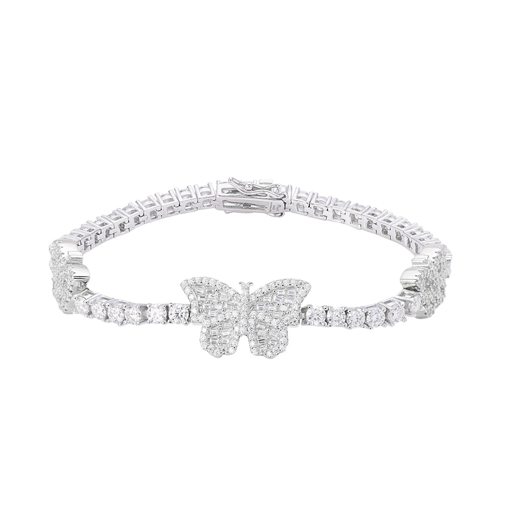 S.Silver Round Baguette 3mm Tennis Moissanite Butterfly Designer 7 Inch Bracelet RP 6 Cttw