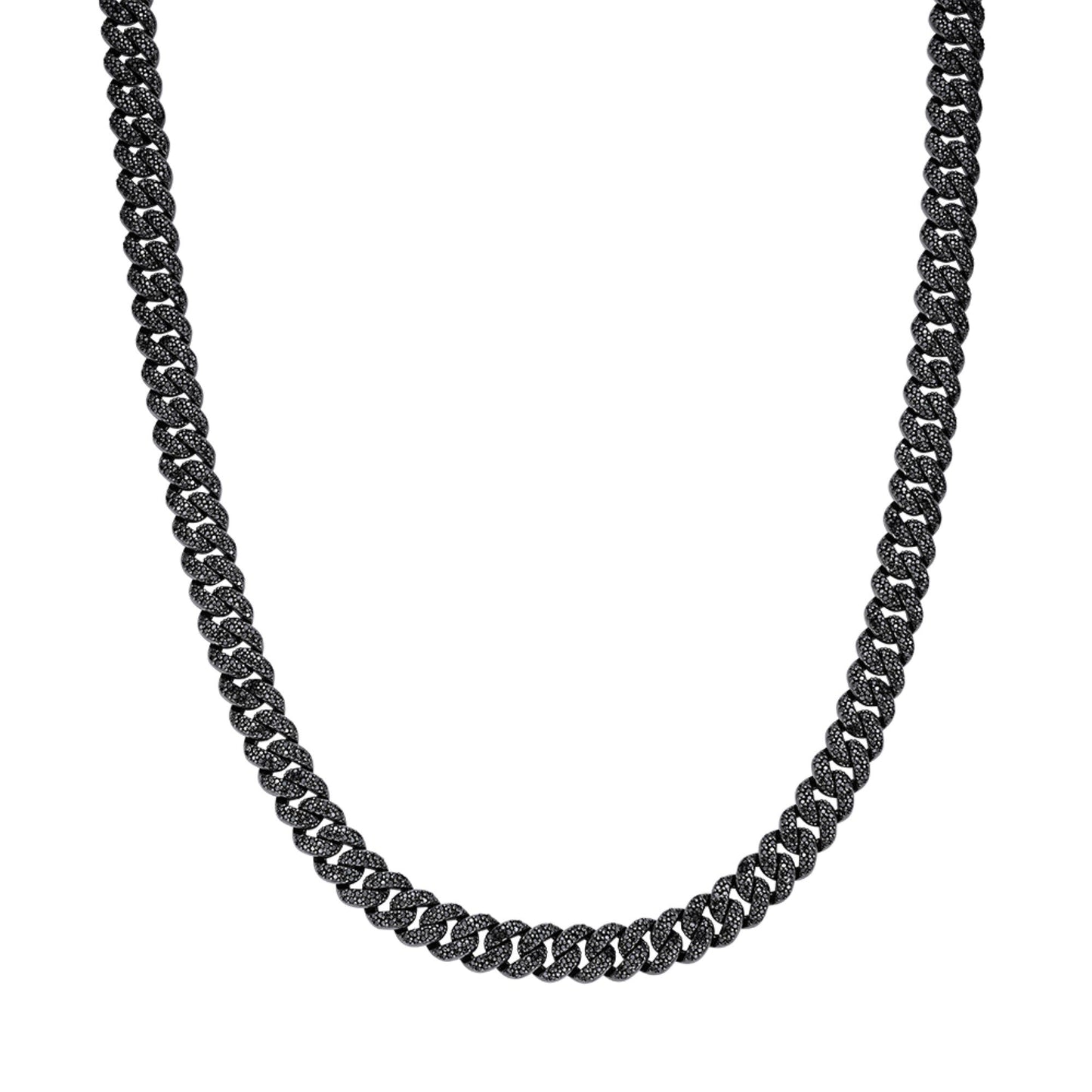 S.Silver 10mm Round Black Moissanite Miami Cuban Chain 22 Inch Mens Necklace BP+BP 13-5/8 Cttw