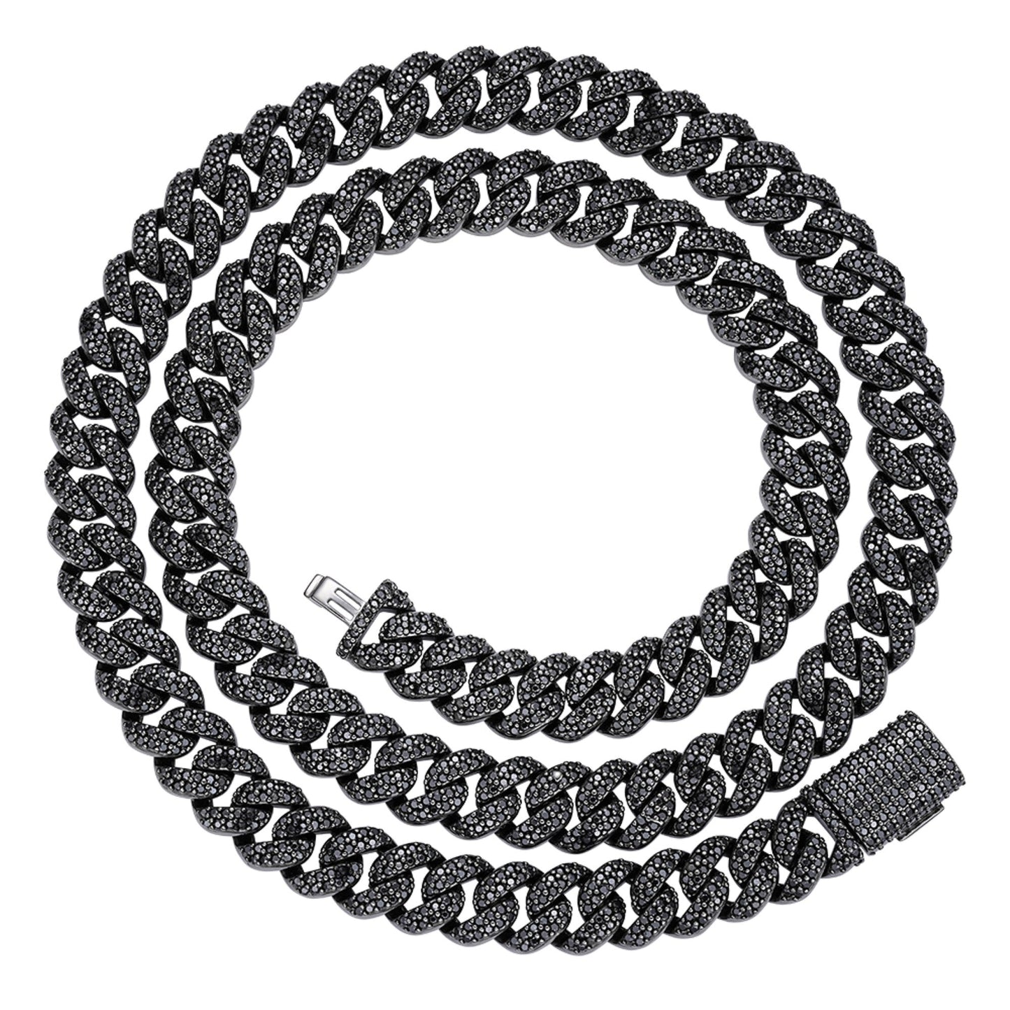 S.Silver 10mm Round Black Moissanite Miami Cuban Chain 22 Inch Mens Necklace BP+BP 13-5/8 Cttw