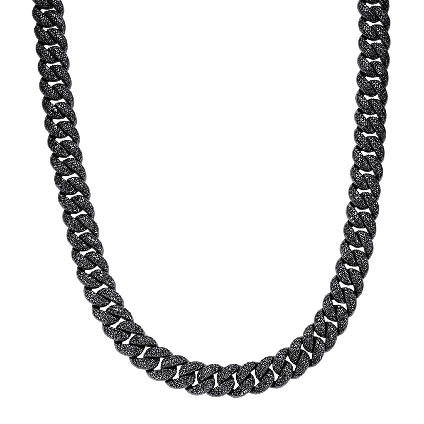 S.Silver 15mm Round Black Moissanite Miami Cuban Chain 22 Inch Mens Necklace BP+BP 27-1/3 Cttw