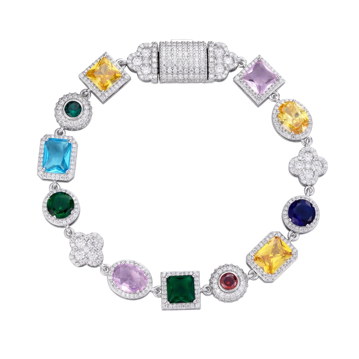 S.Silver Round Moissanite 4 Stone Flower with Color Stone Designer 8 Inch Bracelet RP 4-7/8 Cttw