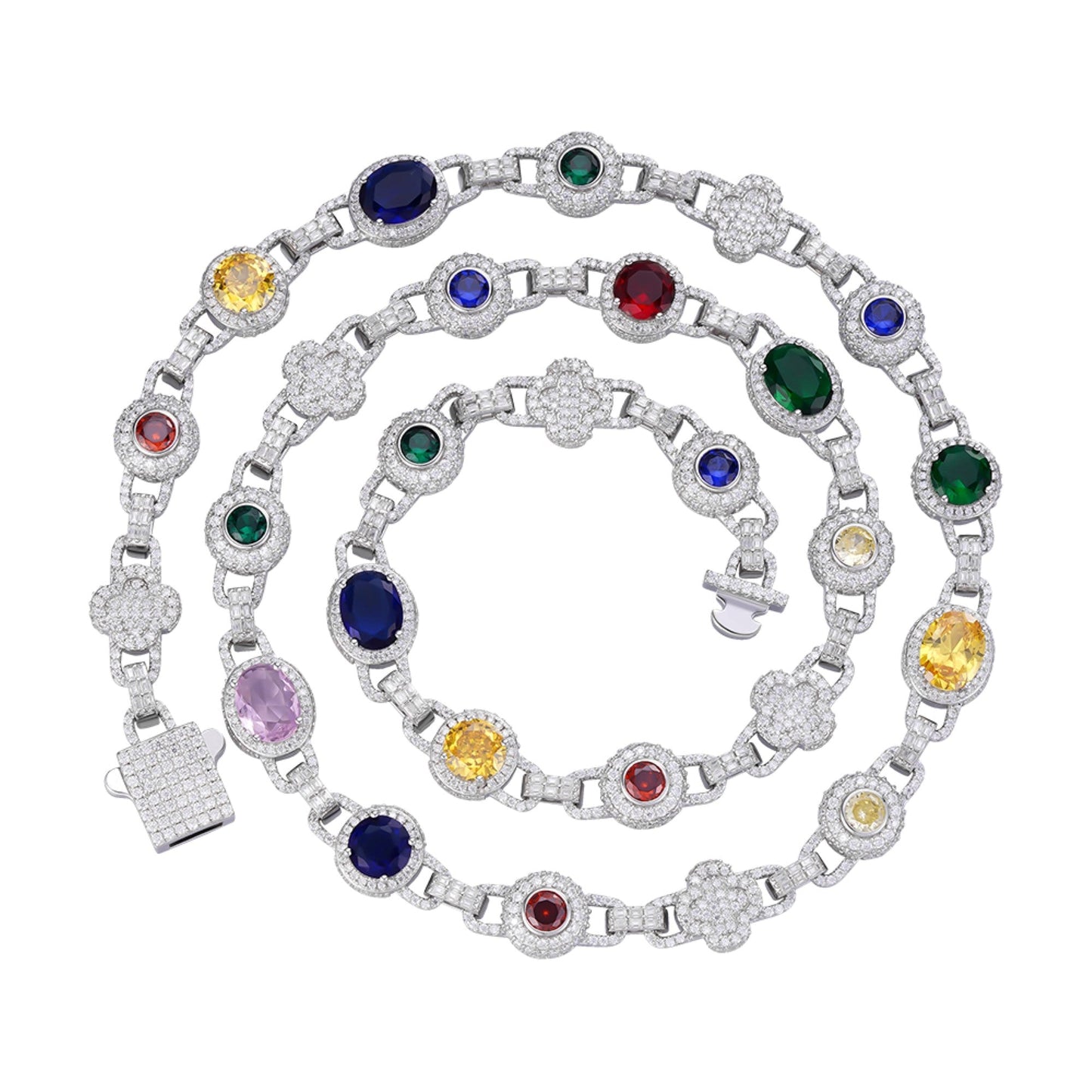 S.Silver Round Moissanite with Color Stone Designer 22 Inch Necklace RP 17-5/8 Cttw