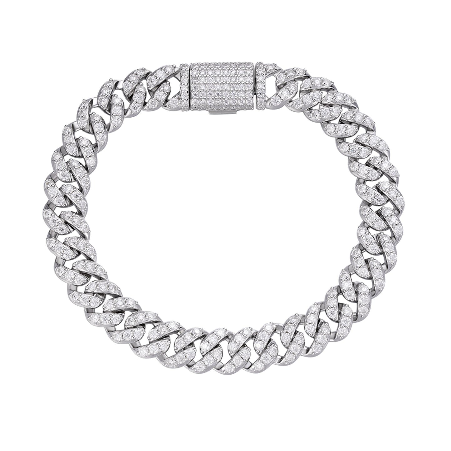 S.Silver 10mm Round Moissanite 1 Row Cuban 8 Inch Bracelet RP 8-1/4 Cttw