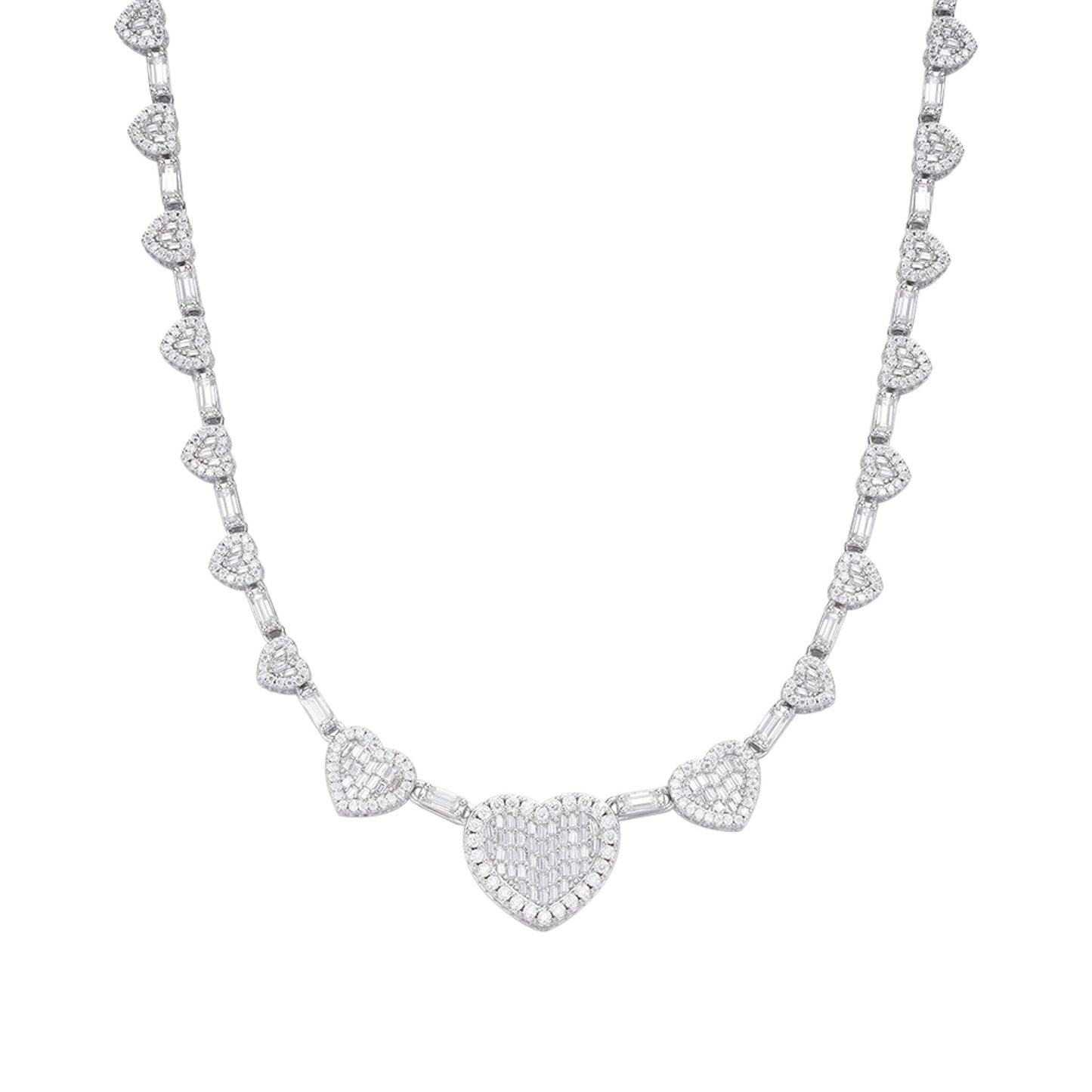 S.Silver Round Baguette Moissanite Heart Designer 18 Inch Necklace RP 14-5/8 Cttw