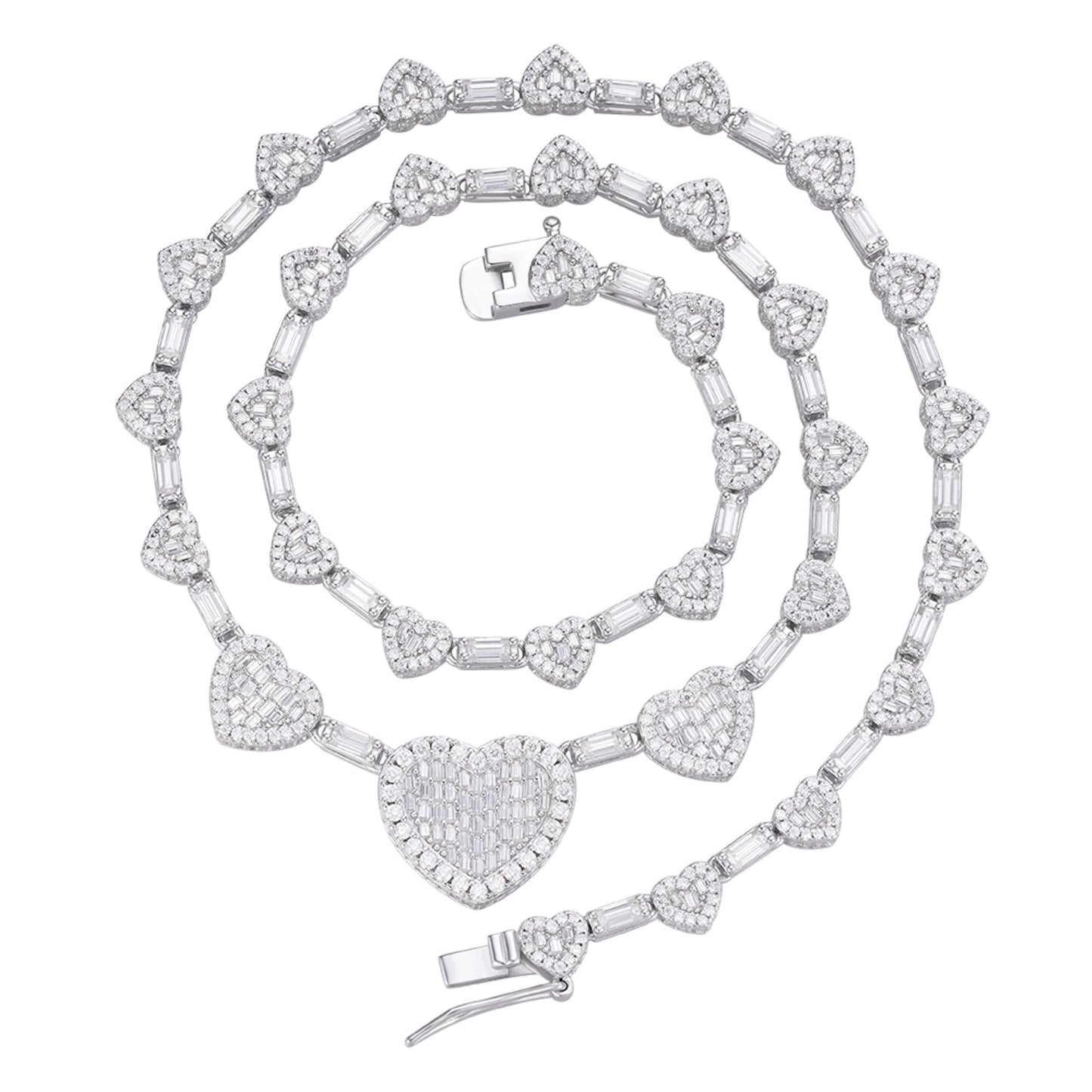 S.Silver Round Baguette Moissanite Heart Designer 18 Inch Necklace RP 14-5/8 Cttw