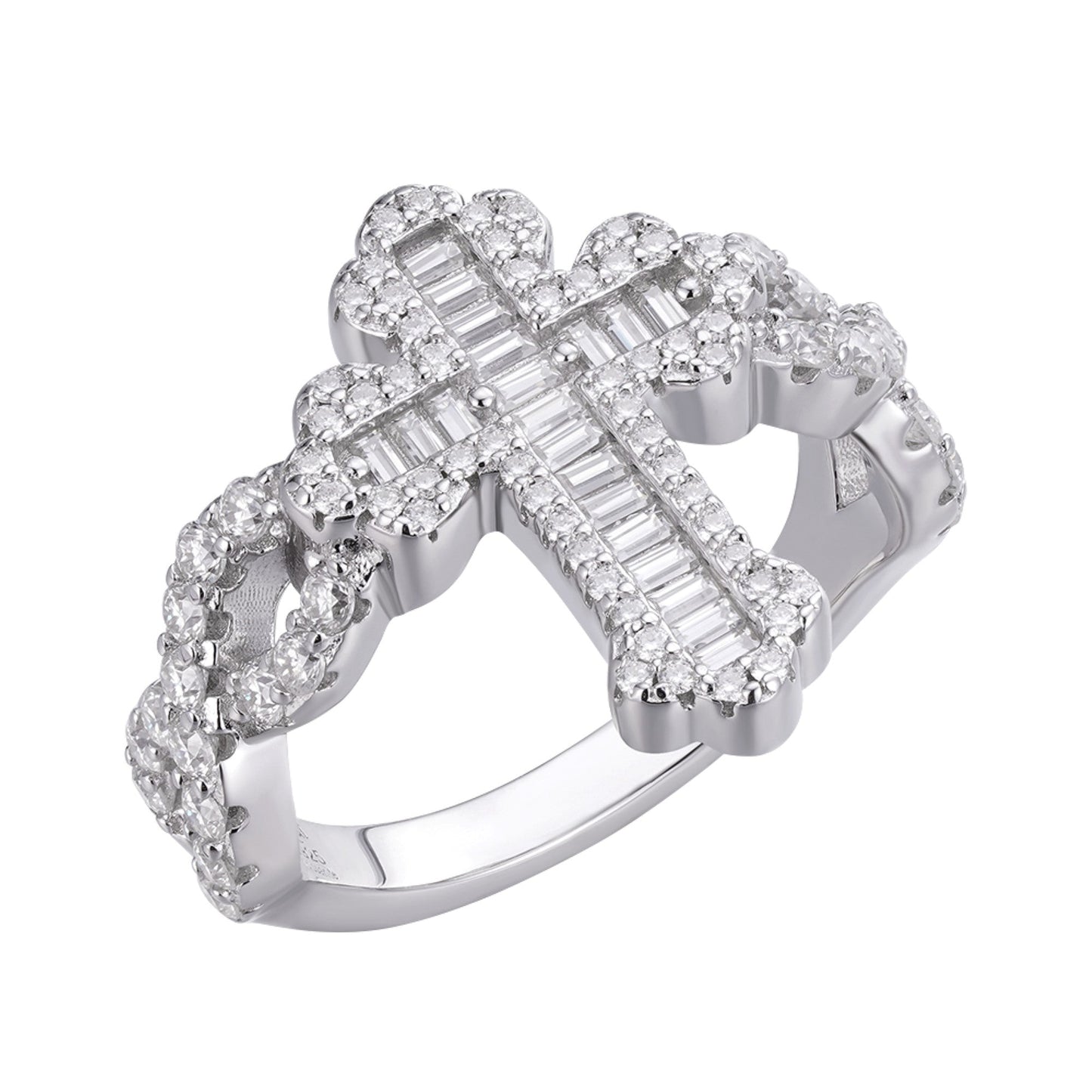 S.Silver Round Baguette Moissanite Cross Religious SZ 9 Ring RP 1-5/8 Cttw