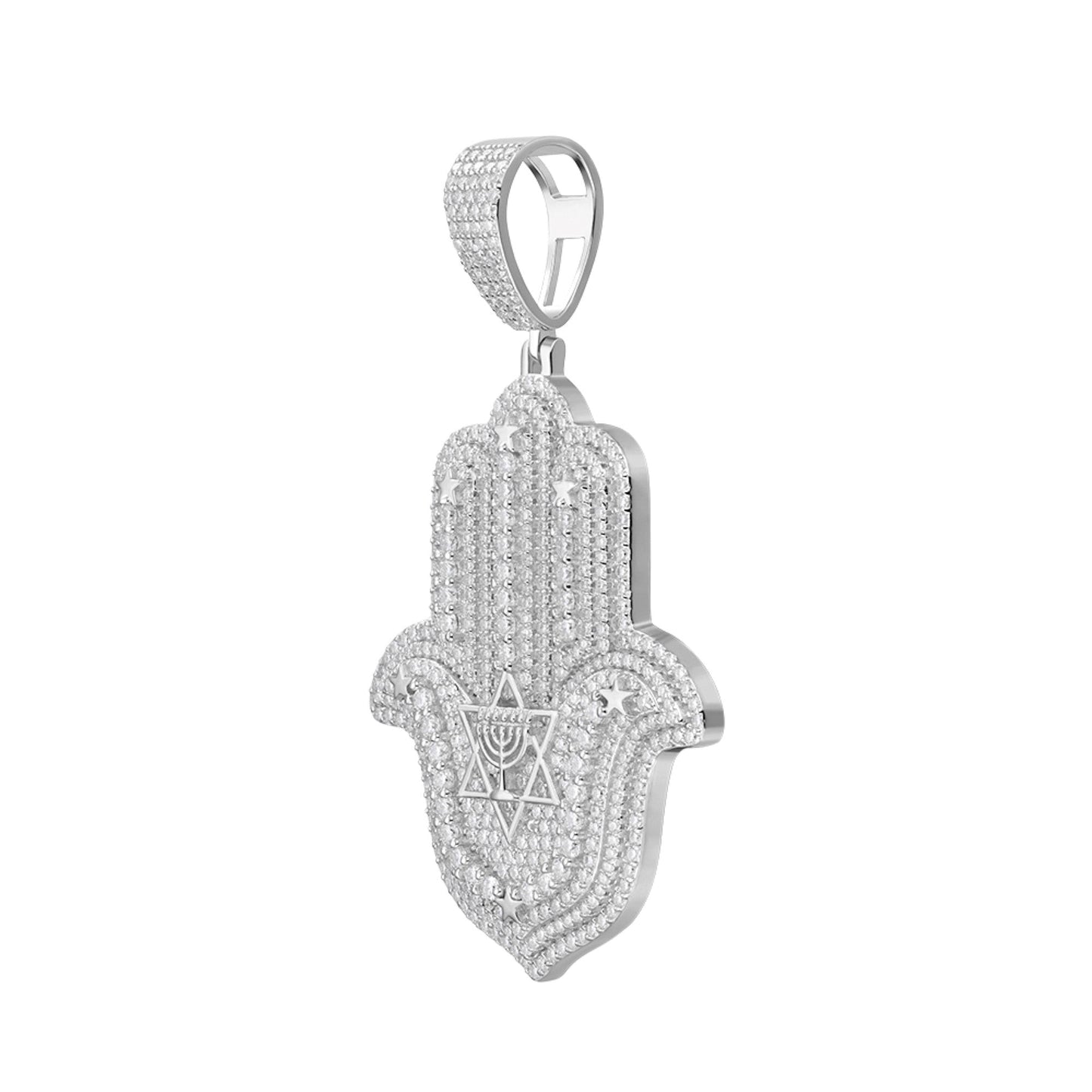 S.Silver Round Moissanite Hamza Hand Religious Pendant RP 4-5/8 Cttw