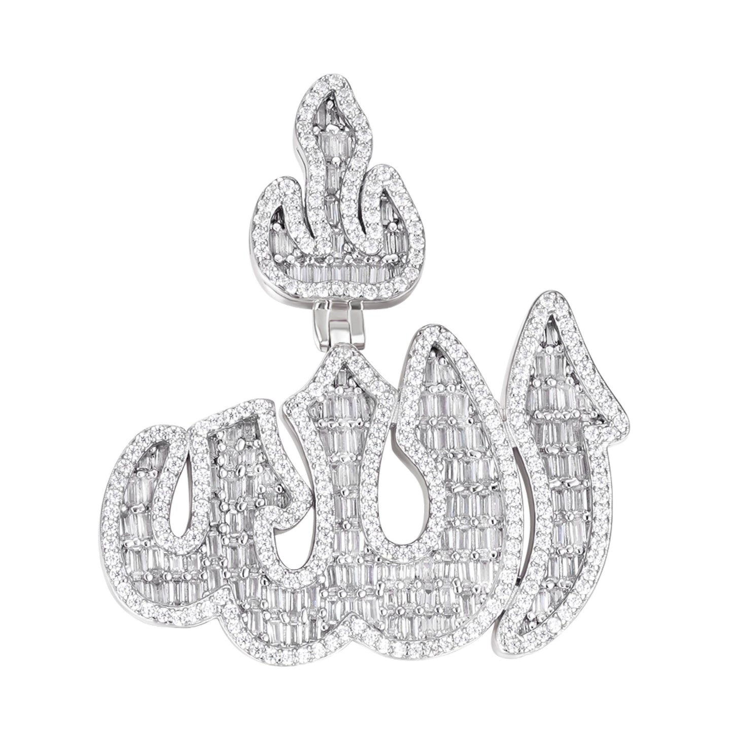 S.Silver Round Baguette Moissanite Muslim God Allah Religious Pendant RP 5-1/4 Cttw
