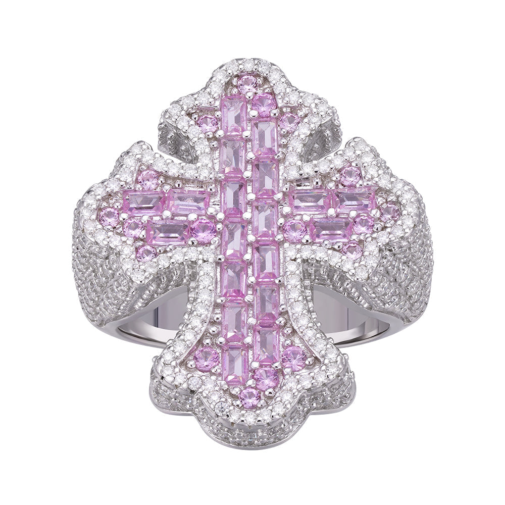 S.Silver Round Moissanite With Rose CZ Mens Cross Religious SZ 10 Ring RP 2-5/8 Cttw