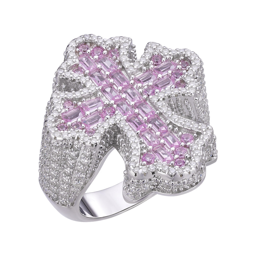 S.Silver Round Moissanite With Rose CZ Mens Cross Religious SZ 10 Ring RP 2-5/8 Cttw