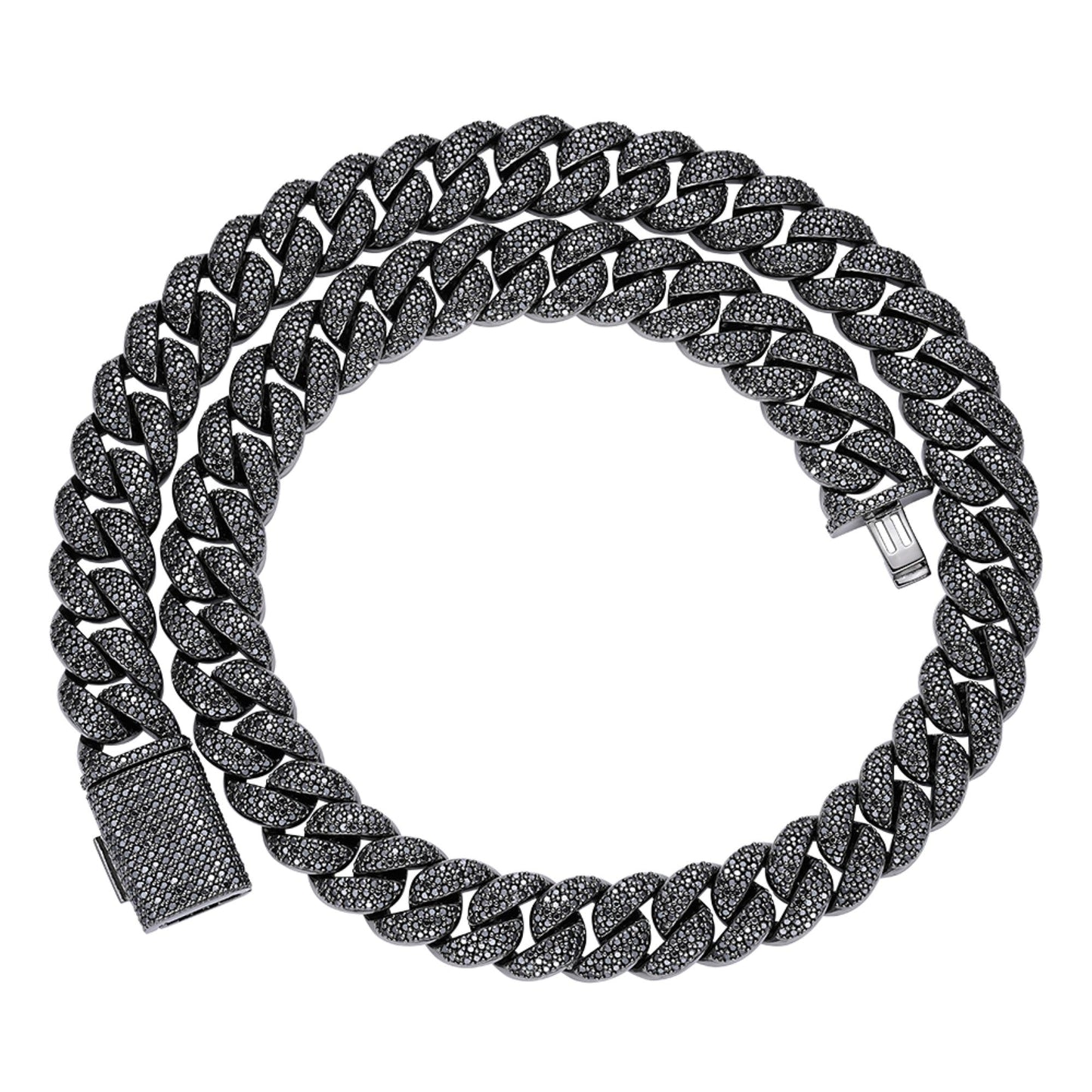 S.Silver 15mm Round Black Moissanite Miami Cuban Chain 22 Inch Mens Necklace BP+BP 27-1/3 Cttw