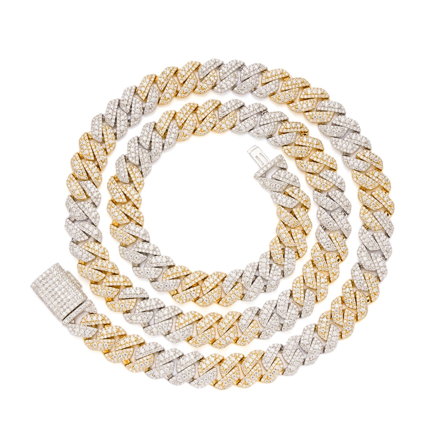 S.Silver Round Big Stone in Center Surrounded with Small Stones 10mm Moissanite Cuban Chain 22Inch Necklace RP+GP 18-3/8 Cttw