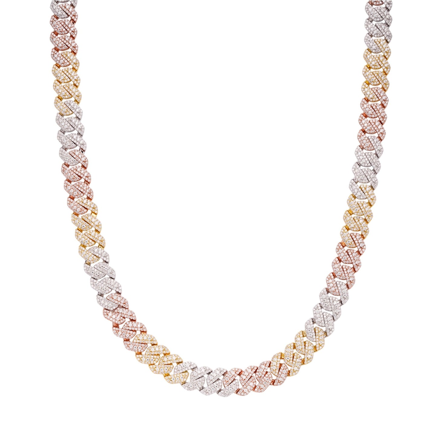 S.Silver Round Big Stone in Center Surrounded with Small Stones 10mm Moissanite Cuban Chain 22Inch Necklace RP+GP+PP 18-3/8 Cttw