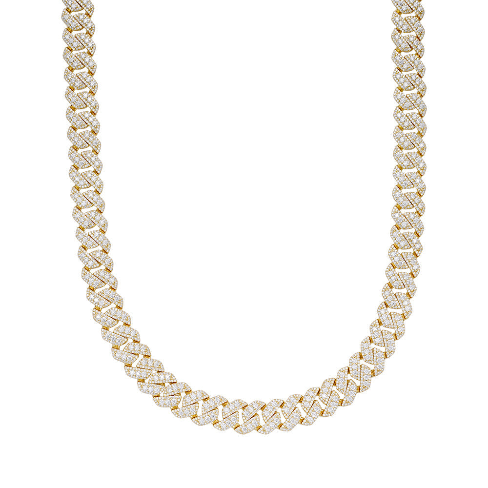 S.Silver Round Big Stone in Center Surrounded with Small Stones 12mm Moissanite Cuban Chain 22Inch Necklace GP 30 Cttw
