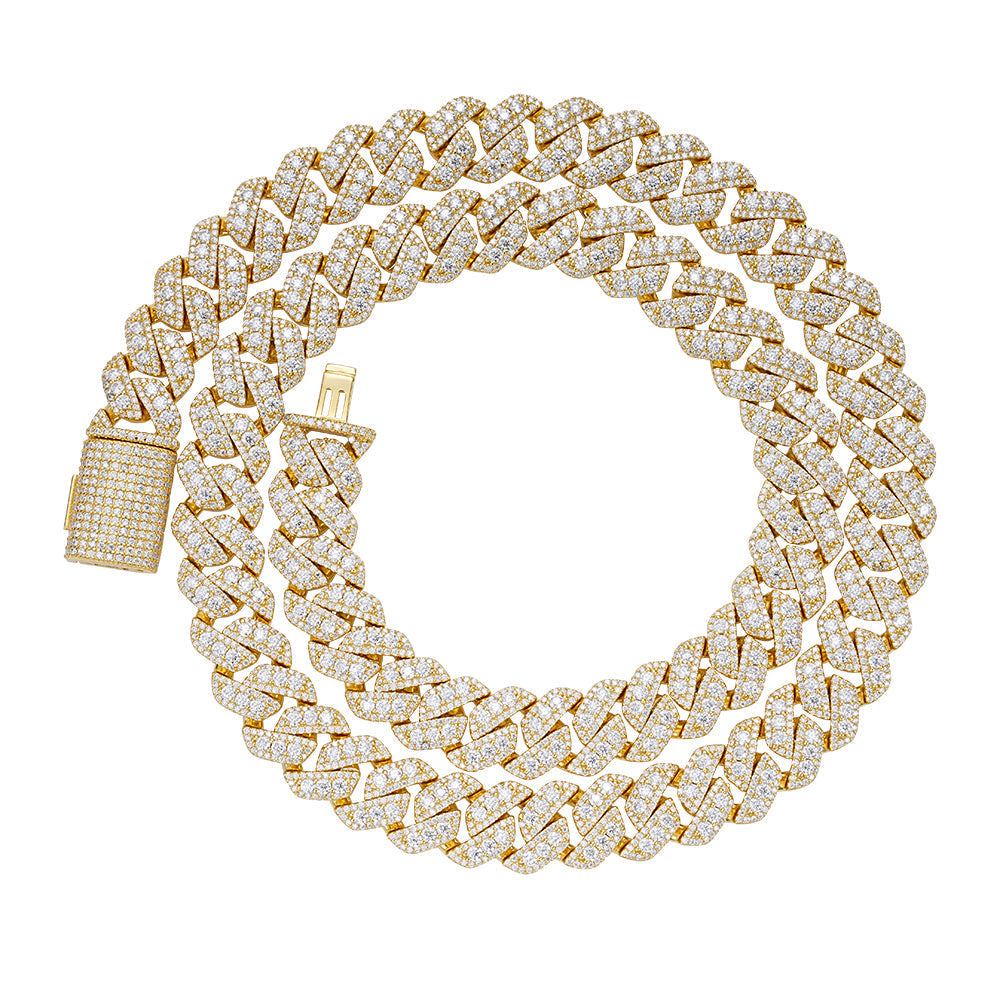 S.Silver Round Big Stone in Center Surrounded with Small Stones 12mm Moissanite Cuban Chain 22Inch Necklace GP 30 Cttw