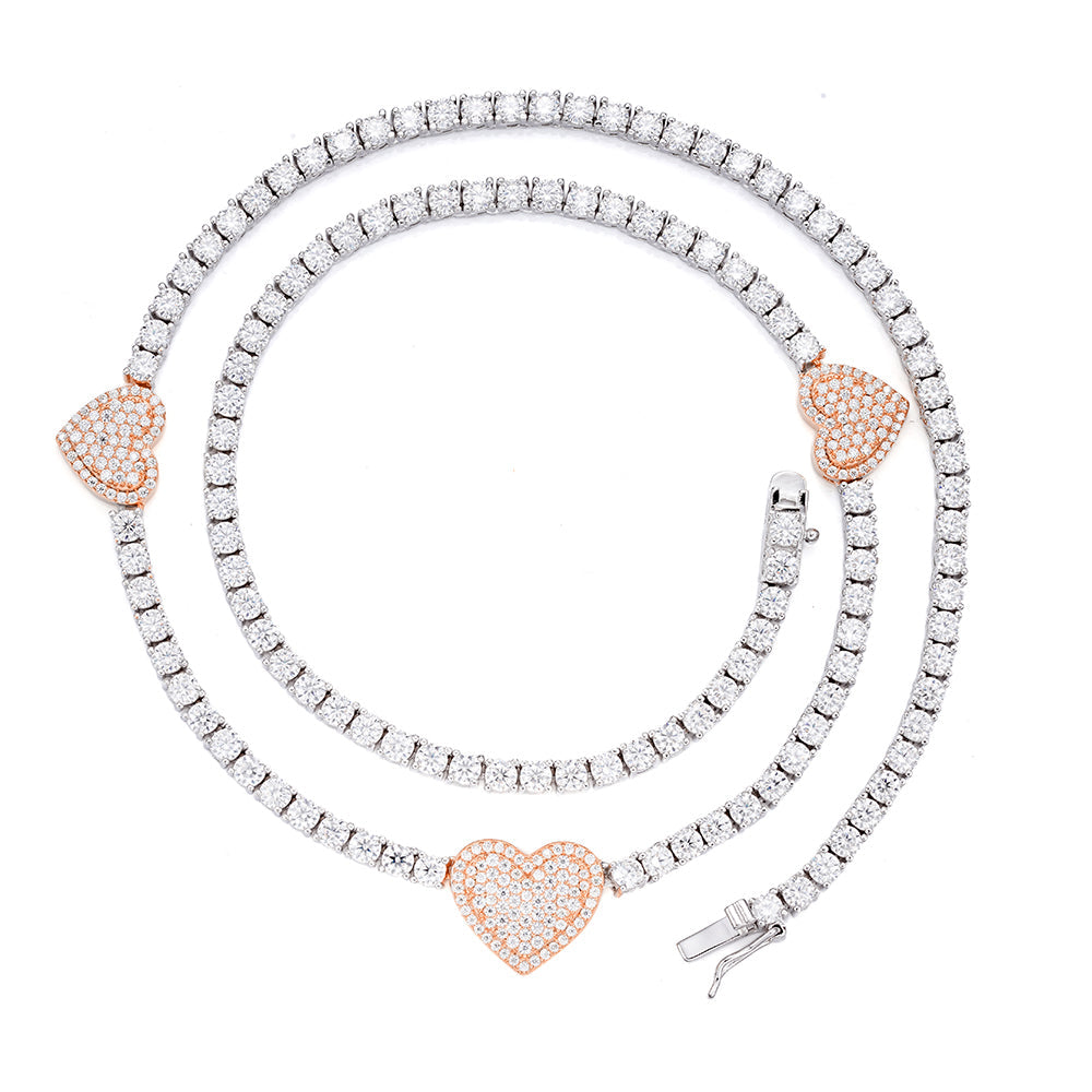S.Silver Round Moissanite 15mm Heart Designer With 3mm Tennis Chain 18 Inch Necklace RP+PP 1-1/3 Cttw