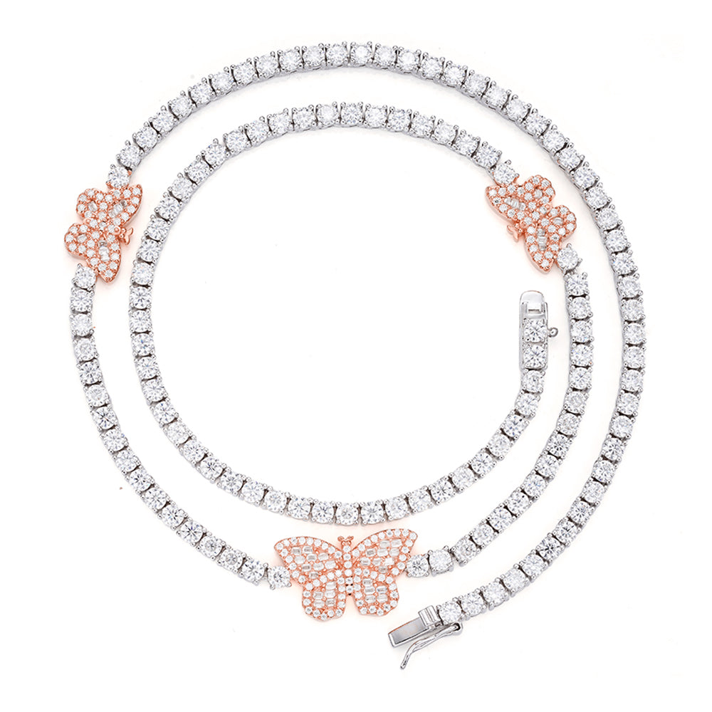 S.Silver Round Baguette Moissanite Butterfly Designer 18 Inch Necklace RP+PP 1-5/8 Cttw