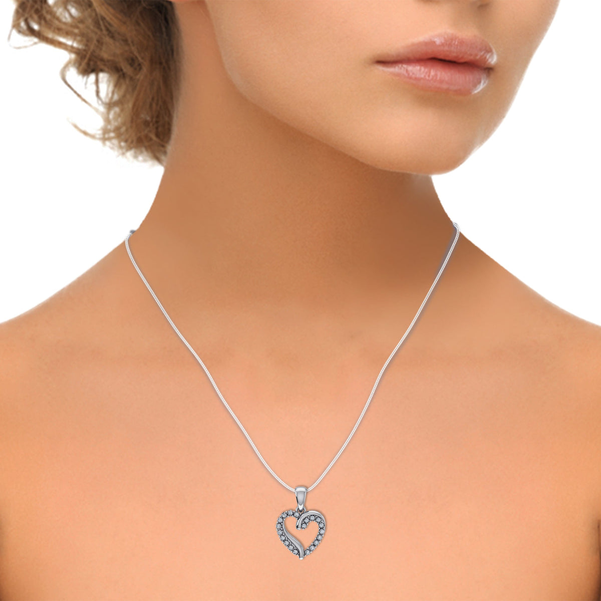 10K White Gold Round Diamond Open Heart Pendant 1/10 Cttw