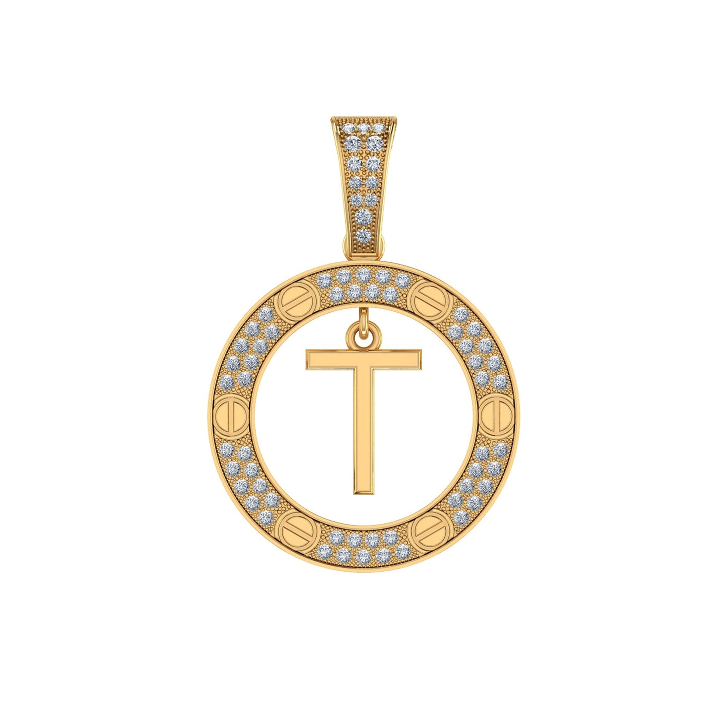 10K Yellow Gold Round Diamond T Letter Initial Pendant 1/5 Cttw